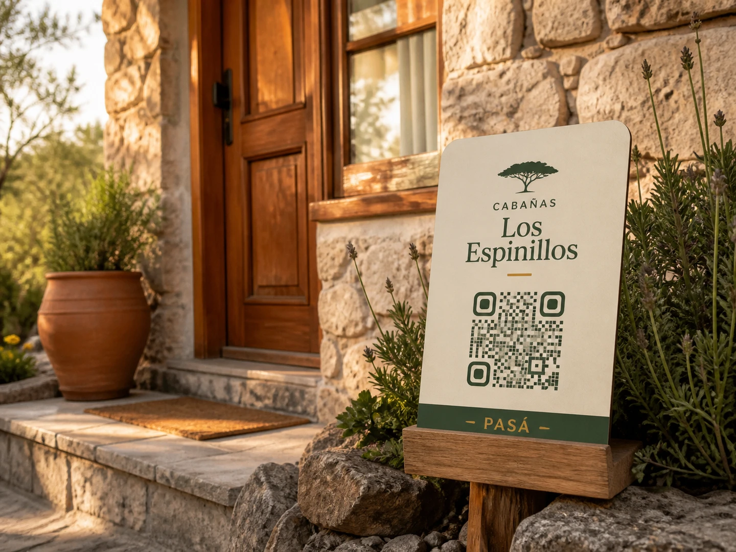 Cartel de bienvenida con QR junto al ingreso de una cabana serrana ficticia.